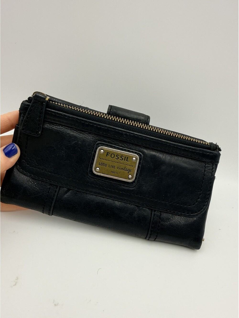 Fossil Long Live Vintage Emory Black Soft Leather Clutch Wallet Organizer